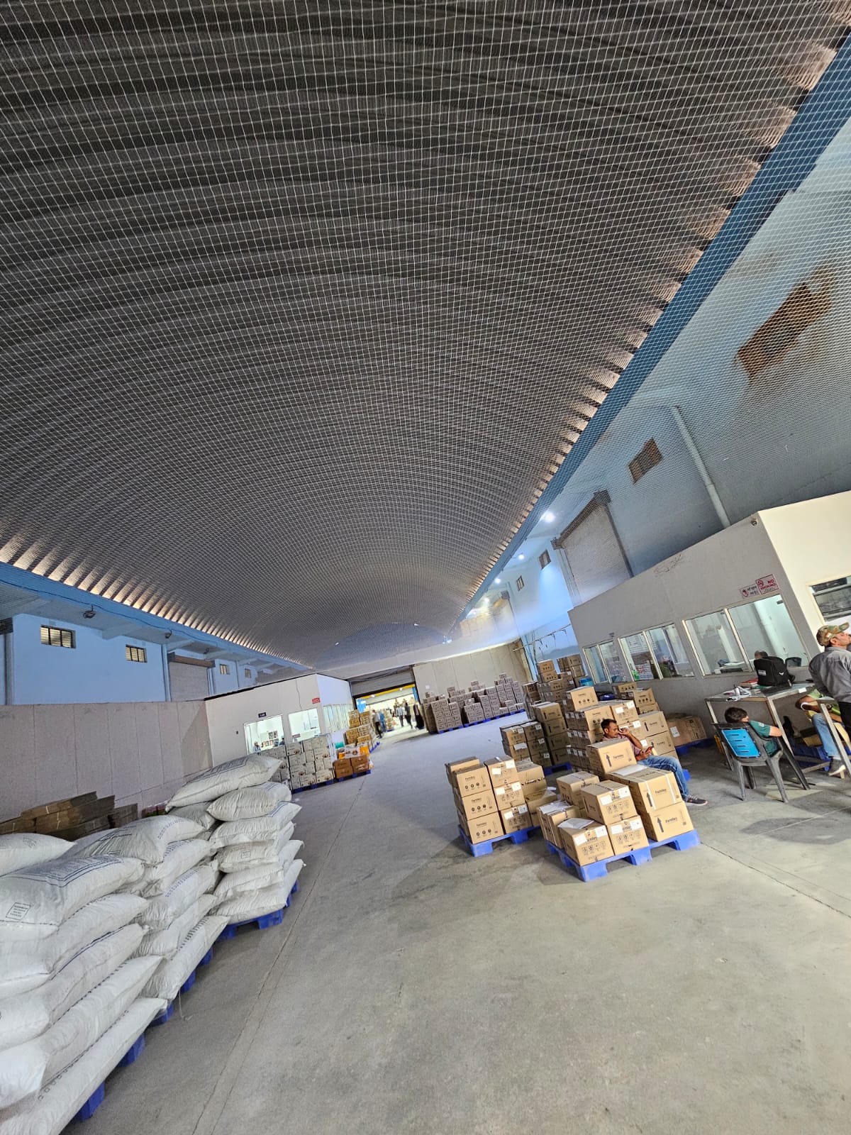 Warehouse bird net over storage bays and pallets